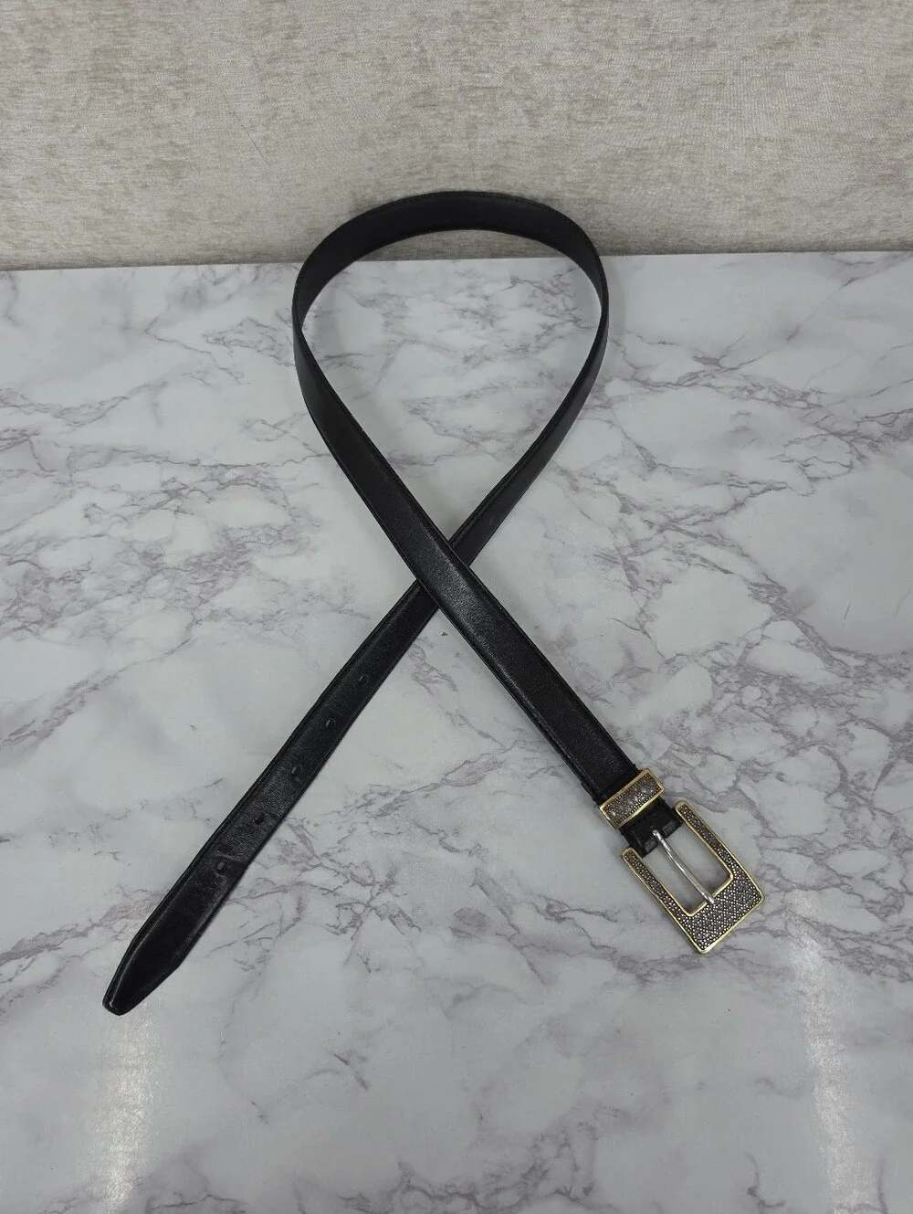 Fossil Black Leather Belt with Textured Two Tone Gold and Silver Buckle